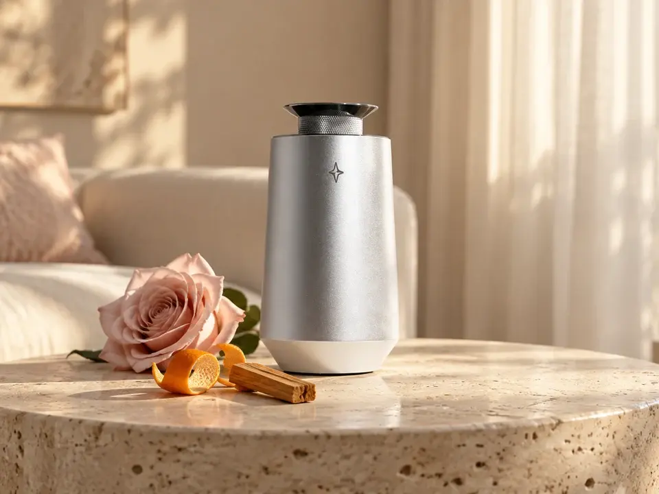 Silver Vessel 01 on a stone table beside a rose, mandarin peel and sandalwood in a sunlit living room.