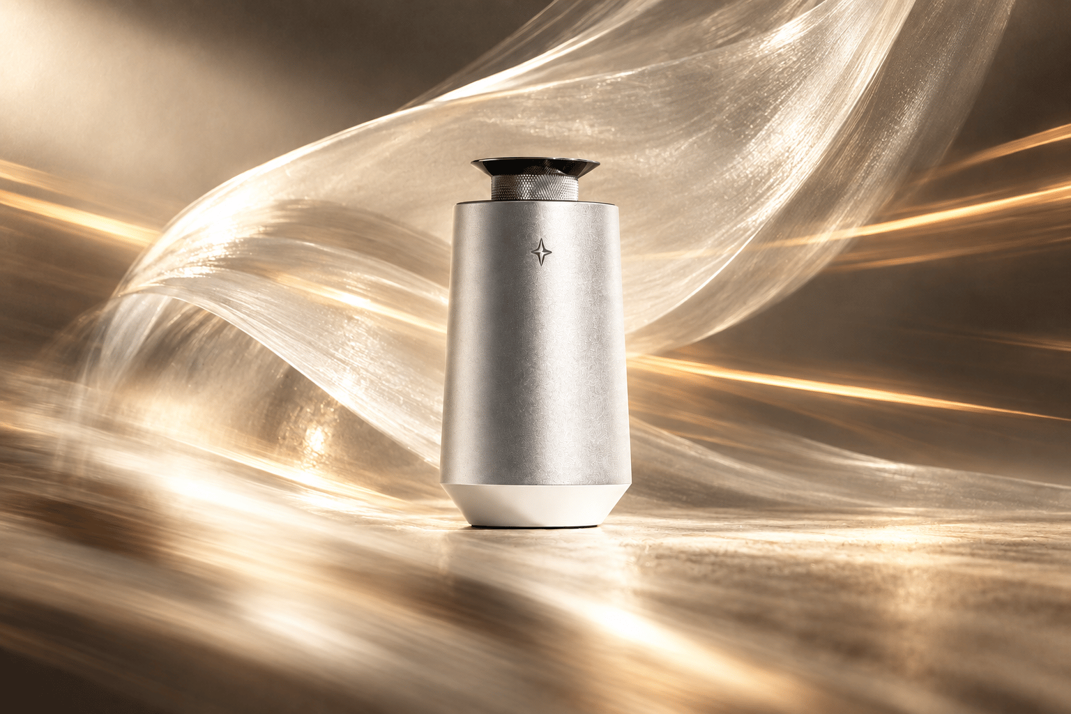Silver Vessel 01 framed by translucent folds and golden light trails with motion blur.