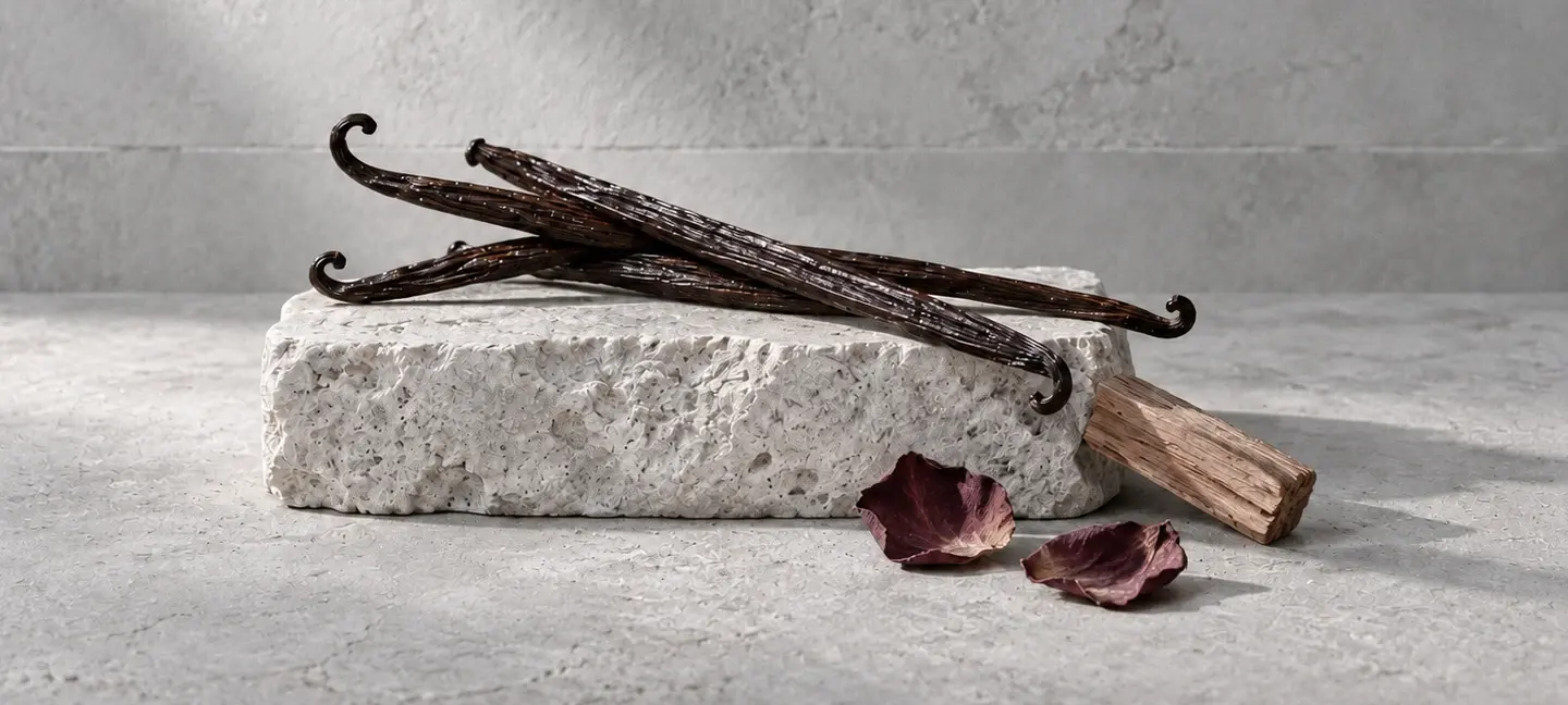 Vanilla pods on a limestone block beside sandalwood and dried rose petals, with soft daylight and clean, neutral grey tones.