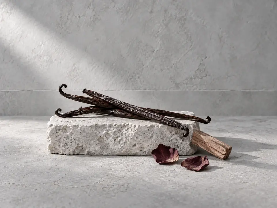 Vanilla pods on a limestone block beside sandalwood and dried rose petals, with soft daylight and clean, neutral grey tones.